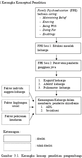 Gambar 3.1. Kerangka konsep penelitian pengembangan model terapi keluarga berbasis  Caring pada keluarga penderita skizofrenia (Cartwright, 2007; Stuart & Laraia, 2009; Swanson, 1991)  