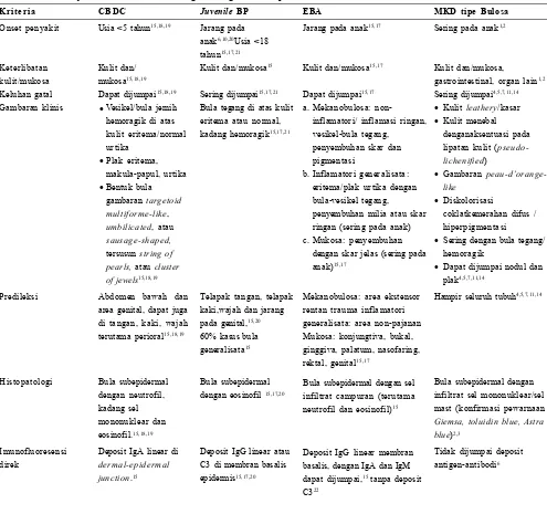 Tabel 1. Gambaran klinis, histopatologi, dan imunofluoresensi langsung diagnosis banding CBDC, pemfigoid              bulosa juvenilis dan EBA dibandingkan dengan MKD tipe bulosa