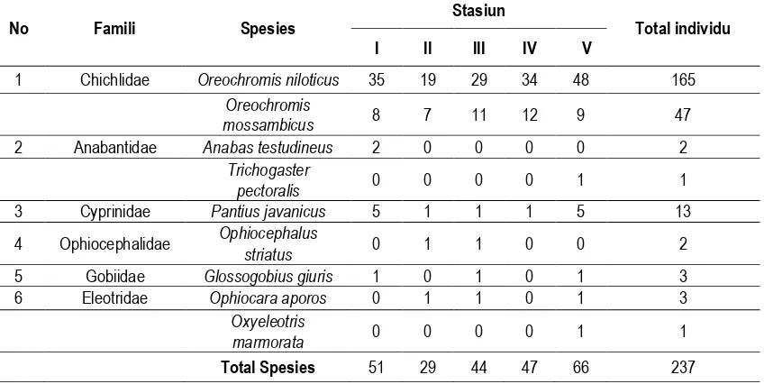 Tabel 1. Jumlah jenis ikan yang ditemukan pada lokasi penelitian 