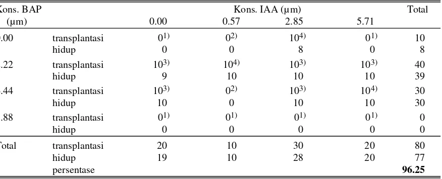 Tabel 7. Persentase eksplan yang membetuk akar pada fase induksi perakaran akibat pengaruh 0.1% arang aktif dan penurunan konsentrasi garam makro dan mikro