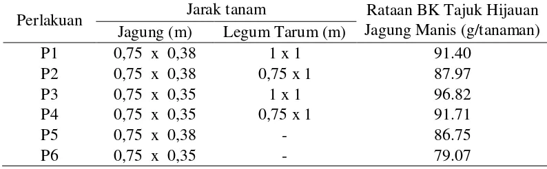 Tabel 3. Rataan bahan kering tajuk hijauan jagung manis pada sistem tumpangsariantara jagung manis dan legum tarum dengan jarak tanam yang berbeda