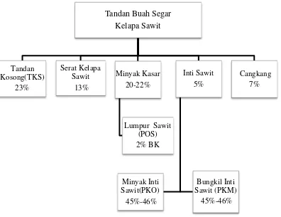 Gambar 1. Bagan proses pengolahan kelapa sawit dan perkiraan proporsi terhadap tandan buah segar (Elisabeth dan Ginting, 2003) 