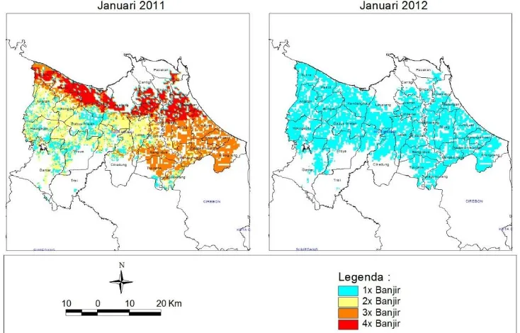Gambar 3-6: Distribusi daerah rawan banjir sawah Kabupaten Indramayu periode Januari 2012  