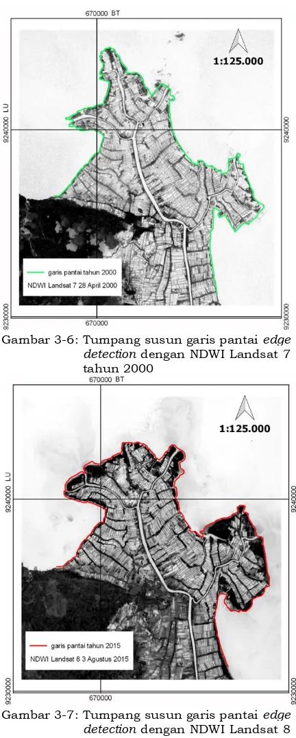 Gambar 3-6: Tumpang susun garis pantai  edge detection dengan NDWI Landsat 7 