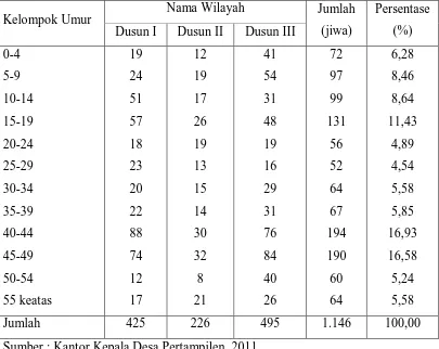 Tabel 6. Distribusi Jumlah Penduduk Berdasarkan Kelompok Umur Di Desa Pertampilen, 2010  
