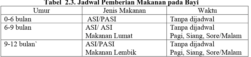 Tabel  2.3. Jadwal Pemberian Makanan pada Bayi Umur 