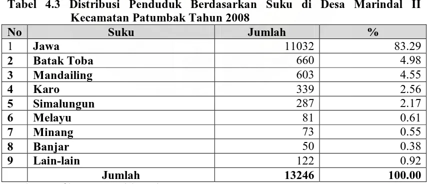 Tabel 4.3 Distribusi Penduduk Berdasarkan Suku di Desa Marindal II Kecamatan Patumbak Tahun 2008 
