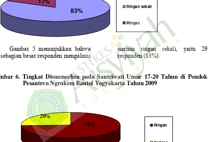 Gambar 6. Tingkat Dismenorhea pada Santriwati Umur 17-20 Tahun di Pondok Pesantren Ngrukem Bantul Yogyakarta Tahun 2009  