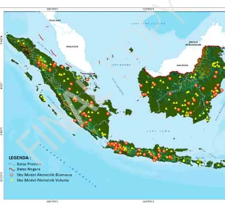Gambar 5. Distribusi geografis ketersediaan model-model alometrik biomassa dan volume pohon  yang sudah dikembangkan di Indonesia