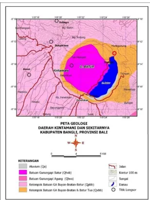Gambar 2. Peta geologi daerah gerakan tanah Desa Songan, (Modifikasi Badan Geologi, 2017) 