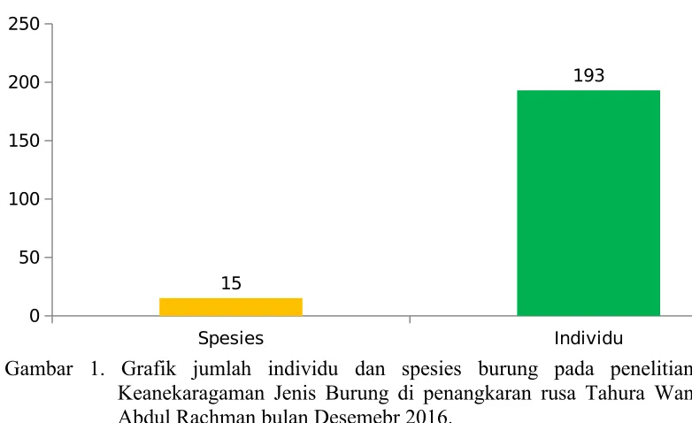 Gambar  1. Grafik  jumlah  individu dan  spesies  burung  pada  penelitianKeanekaragaman Jenis Burung di penangkaran rusa Tahura WanAbdul Rachman bulan Desemebr 2016.