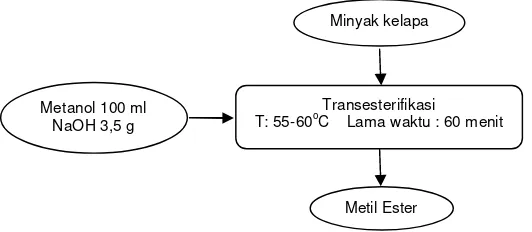 Gambar 1.  Proses pembuatan metil ester dari minyak kelapa (Widyastuti, 2007) Figure 1