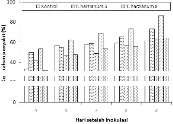 Gambar 2. Diameter bercak pada daun lada yang diperlakukan dengan berbagai isolat T. harzianum dan kontrol.