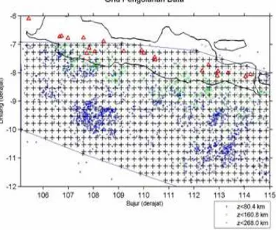 Gambar 1. Distribusi kegempaan Zona Subduksi Jawa dari Katalog NEIC 1973-2006 dan grid pengolahan data 0,2 °x 0,2°