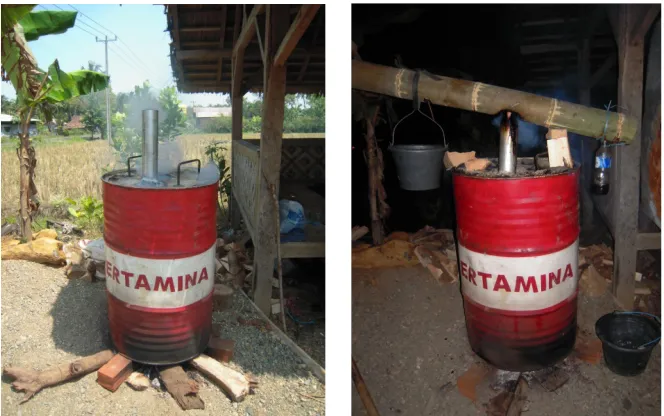 Fig. 1. A modified drum kiln with major parts—drum, cover, smoke chimney, and bamboo cooling device.