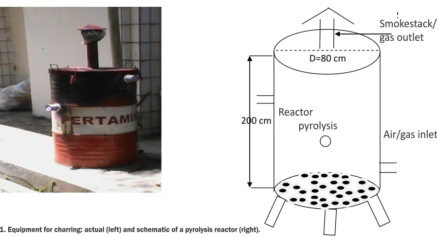 Fig. 1. Equipment for charring: actual (left) and schematic of a pyrolysis reactor (right).