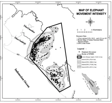 Figure 2:  Map of elephants movement intensity based on Kernel Method 