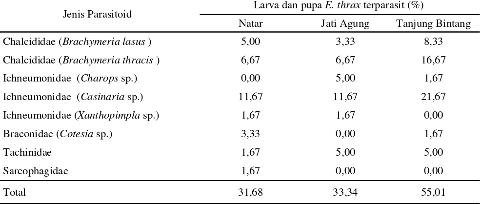 Tabel 3.  Persentase parasitasi dari berbagai jenis parasitoid yang ditemukan pada larva dan pupa E