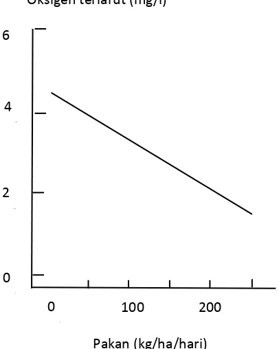 Gambar  5.  Hubungan  antara  input pakan dan oksigen terlarut  dalam kolam ( Cole dan Boyd, 1986) 