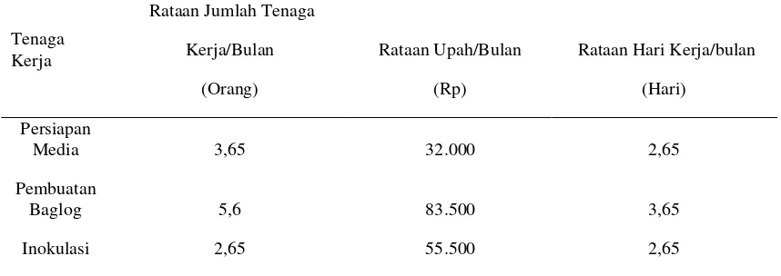 Tabel 4. Rataan Penggunaan Tenaga Kerja,  Upah dan Rataan hari kerja Borongan Budidaya Jamur Tiram Putih/Bulan