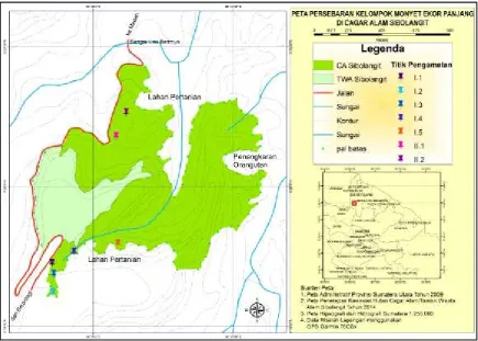 Gambar 1. Peta persebaran kelompok monyet ekor panjang pada penelitian penyebaran dankelimpahan populasi monyet ekor panjang di Cagar Alam Sibolangit (Sembiring, 2016a).