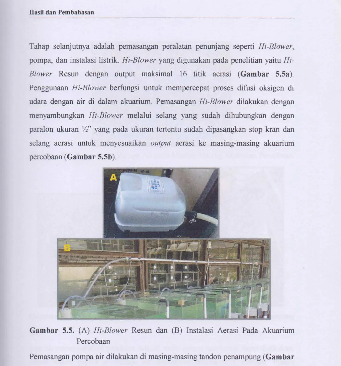 Gambar 5.5. (A) Hi-Blower Resun dan (B) Instalasi Aerasi Pada Akuarium 