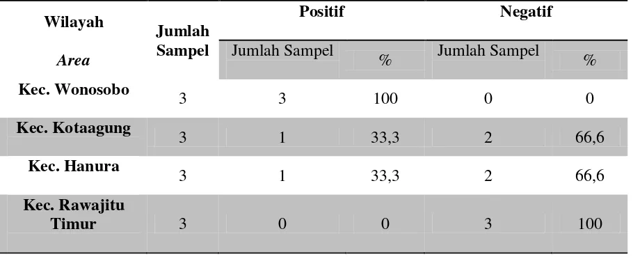 Tabel 1. Hasil Pengujian Cemaran Salmonella pada Udang Vannamei di Kecamatan Wonosobo, Kotaagung, Hanura dan Rawajitu Timur 