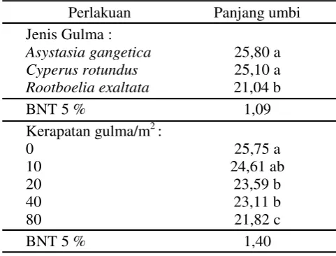 Tabel 4. Pengaruh jenis dan kerapatan gulma padapanjang umbi (cm) umur 12 MST.