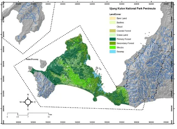 Figure 1.  Map of the study area in Ujung Kulon Peninsula. Land cover information obtained from supervised classification on Landsat 8 imagery acquired in July 2014 (WWF 2015)