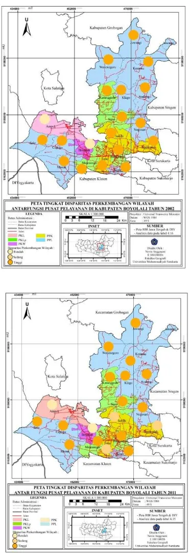 Gambar 3 dan 4  Peta disparitas wilayah di kabupaten Boyolali tahun 2002 dan 2011 