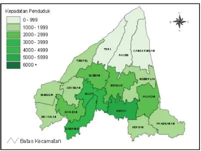 Gambar 3.4. Sebaran spatial sebaran kepadatan penduduk di Kabupaten Sleman   Sumber: BPS Sleman  