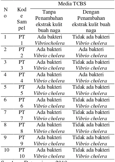 Tabel 5.1 Hasil Identifikasi bakteri Vibrio cholera pada terasi tanpa penambahan dan dengan penambahan ekstrak kulit buah naga merah sebagai pewarna alami