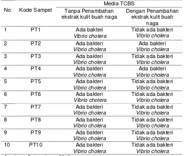 Tabel 5.1 Hasil Identifikasi bakteri Vibrio cholera pada terasi tanpa penambahan dan dengan penambahan ekstrak kulit buah naga merah (Hylocereus polyrhizus) sebagai pewarna alami
