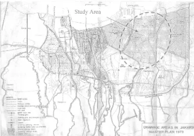 Fig. 1: 1973 Master Plan of Jakarta drainage network and the study area (Nedeco, 1973, in Departemen Permukiman dan Prasarana Wilayah, 2000)