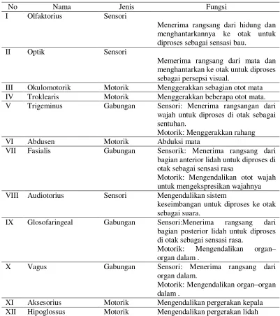 Tabel. 2.1 Susunan syaraf kranial perifer 