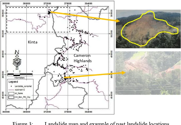 Figure 3: Landslide map and example of past landslide locations. 
