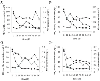 Fig. 3 Nitrification products of Alcaligenes sp. LS2T in citrate medium at (a) C/N 7, (b) C/N 14, (c) C/N 21, (d) C/N 28