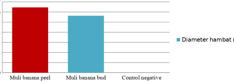Fig 3. Histogram comparison of the result of measurement of the inhibitory diameter (mm) of banana peel extract andMuli banana bud extract (Musa acuminata) against the growth of Escherichia coli bacteria.