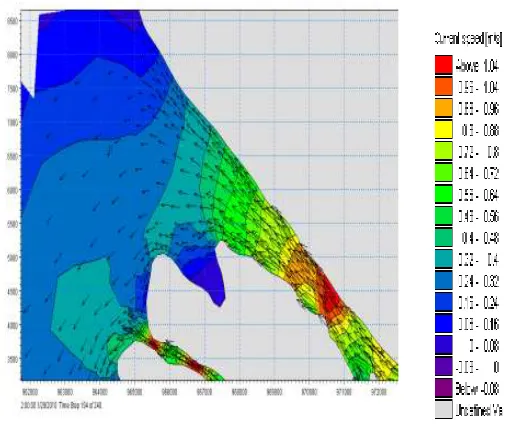 Gambar 4.9 menunjukkan simulasi pola elevasi muara Jungkat 2010 pada saat kondisi 1  (pasang menuju surut purnama)