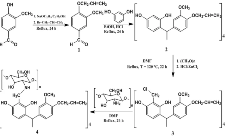 Fig. 2. Synthesis scheme of calix[4]resorcinarene-chitosan hybrid from vanillin
