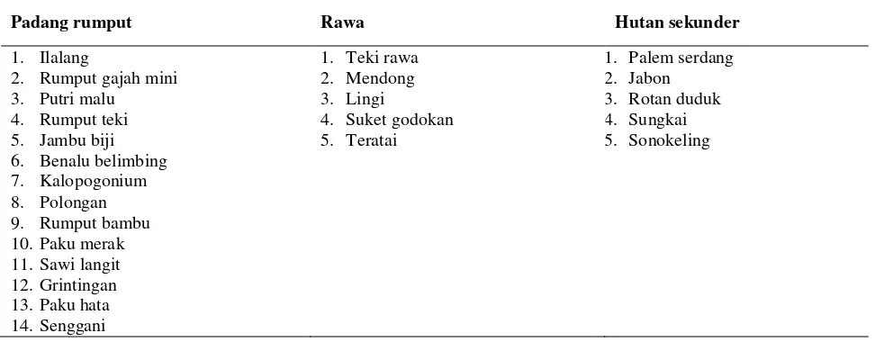 Tabel 2.  Jenis pakan alami yang dikonsumsi gajah sumatera berdasarkan tempat penggembalaan 
