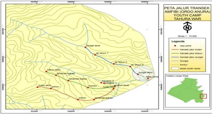 Gambar 1.  Peta lokasi penelitian dan jalur pengamatan pada masing-masing habitat di Youth                  Camp, (Sumber UPTD Tahura WAR 2009)