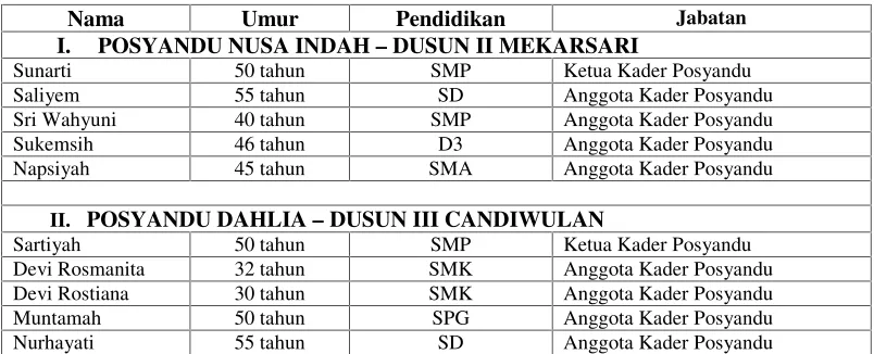 Tabel 3.   Kader Posyandu yang terlibat dalam kegiatan Posyandu Nusa Indah –Dusun II Mekarsari dan Dahlia – Dusun III Candiwulan
