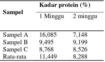 Tabel 1. Hasil kadar protein pada ASI dengan variasi waktu penyimpanan di suhu freezer (-15oC) menggunakan metode kjeldahl