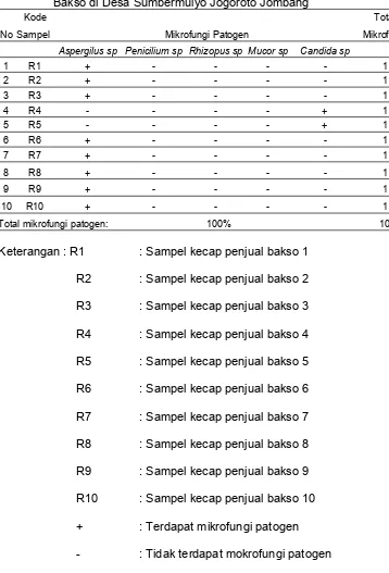 Tabel 5.1 Hasil pemeriksaan Identifikasi Mikrofungi Patogen pada Kecap PenjualBakso di Desa Sumbermulyo Jogoroto Jombang