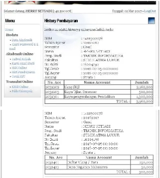 Gambar 5.11 Sistem Informasi Akademik Mahasiswa (History Pembayaran) 