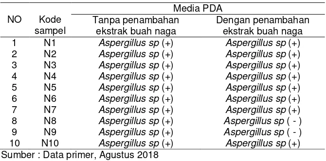 Tabel 5.1 ekstrak buah naga merah (Hasil identifikasi jamur Aspergillus sp pada terasi dengan penambahan Hylocereus polyrhizus) sebagai pewarna alami  