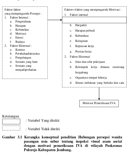 Gambar 3.1 Kerangka konseptual penelitian Hubungan persepsi wanita pasangan usia subur tentang inspeksi visual asam asetat dengan motivasi pemeriksaan IVA di wilayah Puskesmas Pulorejo Kabupaten Jombang