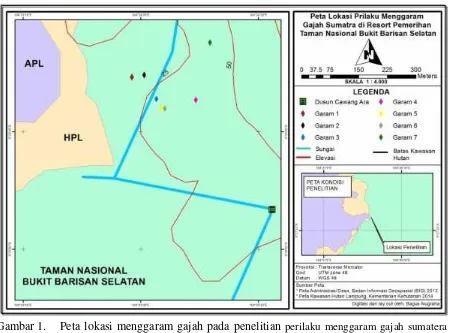 Gambar 1.Peta lokasi menggaram gajah pada penelitian perilaku menggaram gajah sumatera(Elephas maximus sumatranus) dan kandungan garam mineral pada saltlicks di resortpemerihan TNBBS 2015 skala 1:4000 (Sumber: Nugraha dan Resphaty, 2015)