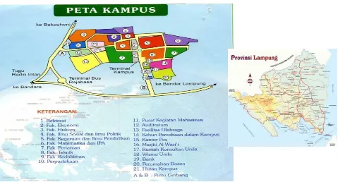 Gambar 1. Peta Lampung dan posisi trap dung beetle di Universitas Lampung, Maret 2016 
